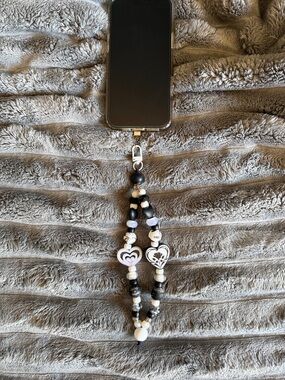 Black & White Beaded Phone Charm with Heart Details